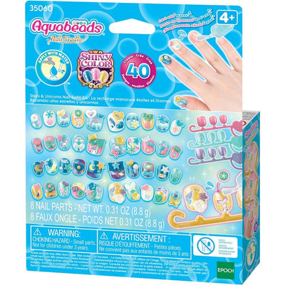 Aquabeads Stars & Unicorn Nail Refill Kit with 40 colorful nail parts, featuring star and unicorn designs, suitable for ages 4+.