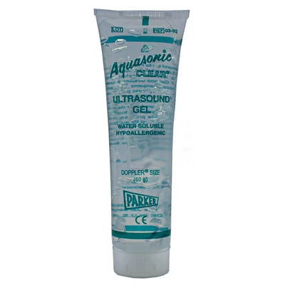 Aquasonic Clear Ultrasound Gel, 60G tube, labeled as water soluble and hypoallergenic, designed for ultrasound use.