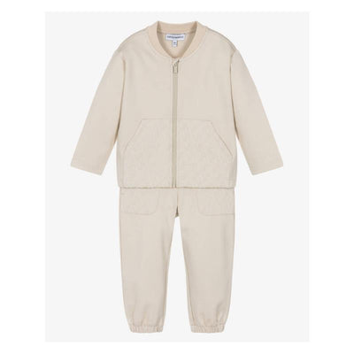 Beige baby boy tracksuit featuring a zip-up jacket with a front pocket and matching pants with elastic cuffs.