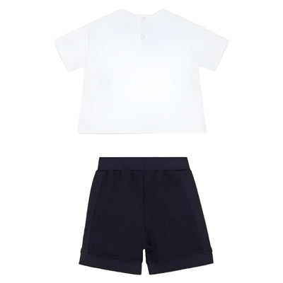 Set of a white T-shirt and navy shorts for babies by Armani, showcasing a simple yet stylish design.
