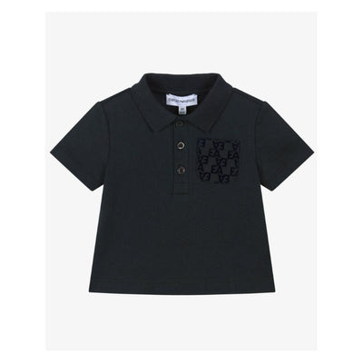 Navy blue short sleeve polo shirt for baby boys, featuring a printed pocket with the Armani logo and three buttons.