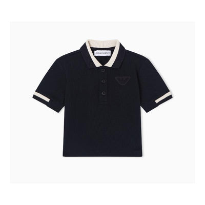 Navy short sleeve polo shirt for baby boys, featuring a collared neckline and a logo on the chest.