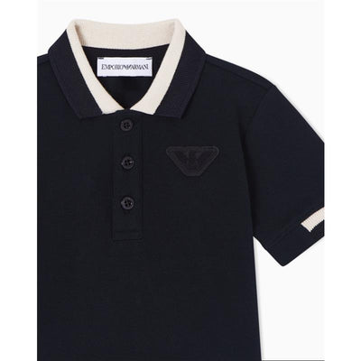 Navy short sleeve polo shirt for baby boys by Armani, featuring a classic collar, three buttons, and logo detail.