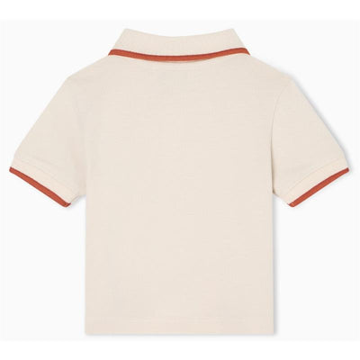 Baby boy short sleeve polo shirt in oak with contrasting dark red piping on collar and sleeves.