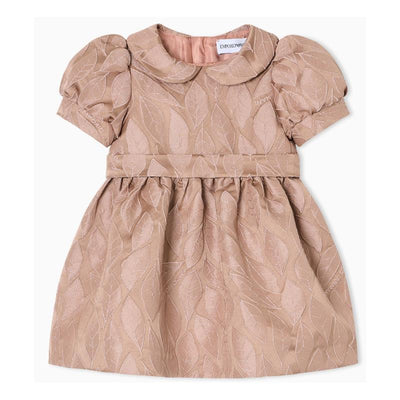 Baby girl leaf dress by Armani in pink, featuring puff sleeves, a round collar, and a leaf pattern.