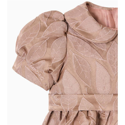 Pale pink baby girl dress with puff sleeves, featuring a leaf pattern and rounded collar, by Armani Baby.