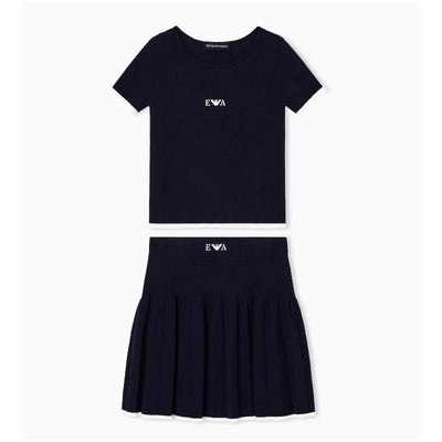 Navy short sleeve pleated dress for baby girls featuring a ribbed top and skirt with brand logo.