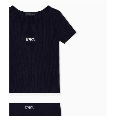 Navy short sleeve ribbed dress for baby girls by Armani Baby, featuring a pleated design and brand logo.
