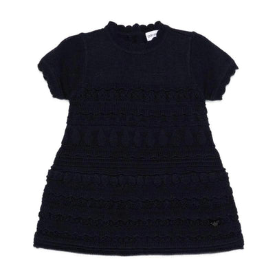 Navy short sleeve ruffle dress for baby girls by Armani Baby, featuring textured fabric and a ruffled neckline.