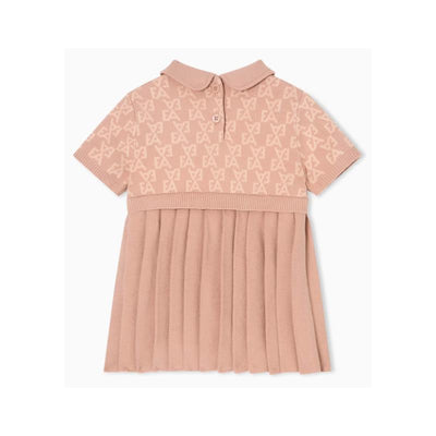 Pink pleated dress for baby girls with short sleeves and a collared neck, featuring the Armani logo pattern on the bodice.