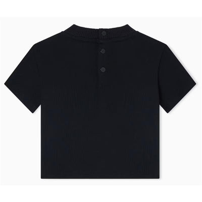 Short sleeve navy t-shirt for boys with a round neckline and three-button closure at the back.