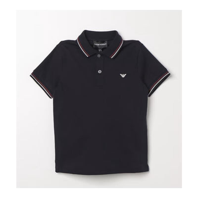 Blue Armani short-sleeve polo for baby boys featuring a logo, two buttons, and contrasting collar stripes.