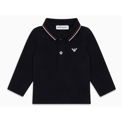 Navy long sleeve polo shirt for boys by Armani, featuring a buttoned placket and embroidered logo on the chest.