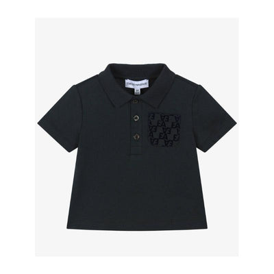 Navy short sleeve polo shirt for boys featuring a three-button placket and a printed pocket with logo detail.