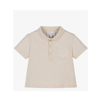Boys short sleeve polo in beige with a patterned pocket, featuring a collar and three buttons.