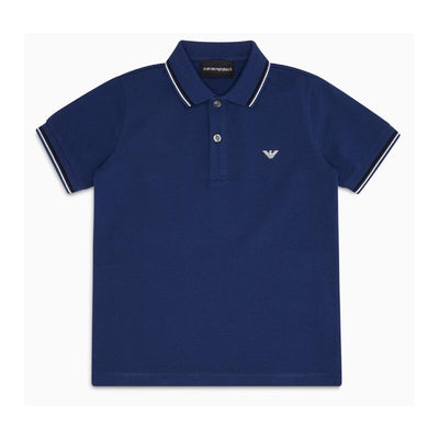 Chambray polo shirt for baby boys in navy blue with a two-button placket and white stripe accents on the collar and sleeves.