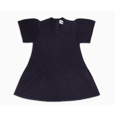 Navy blue flared dress with all-over eagle jacquard knit pattern and short, textured sleeves.