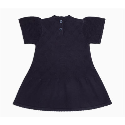 Navy flared dress for babies made of all-over eagle jacquard knit, featuring short sleeves and buttoned back closure.