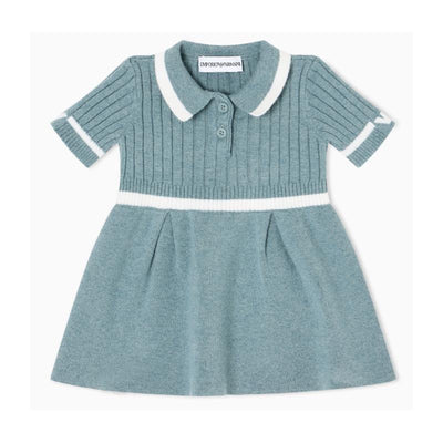 Short sleeve collared dress for girls by Armani, featuring a ribbed texture in a burnished teal color with white detailing.