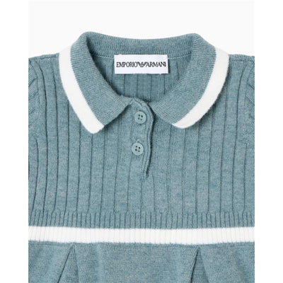 Collared short sleeve dress from Armani Baby in a burnished green color, featuring ribbed texture and white accents.