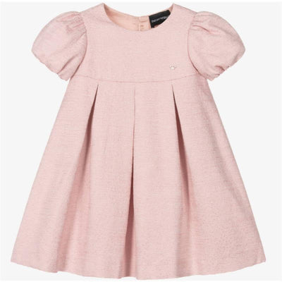 Short sleeve collared pink dress for baby girls featuring pleats and a small logo detail.