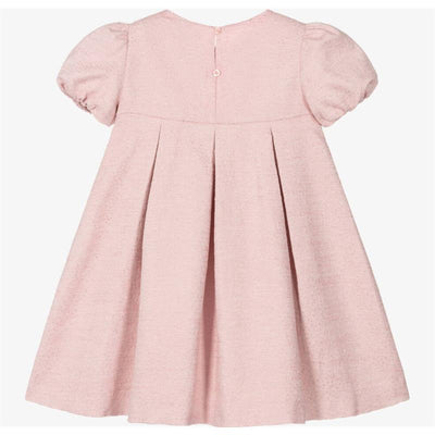 Short sleeve pink collared dress for girls by Armani Baby, featuring a pleated skirt and button closure at the back.