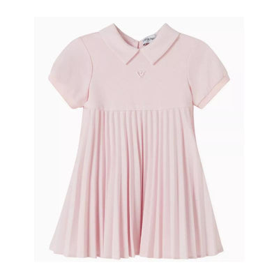 Lilac short sleeve pleated dress for baby girls, featuring a collar and embroidered logo on the front.