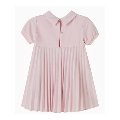 Pleated lilac short sleeve dress for baby girls with a collar and button detail at the back.