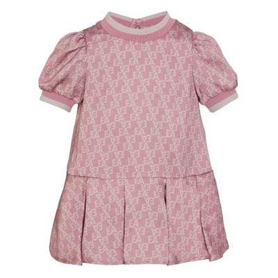 Short sleeve pink dress for baby girls featuring an all-over Armani logo pattern and a pleated skirt.
