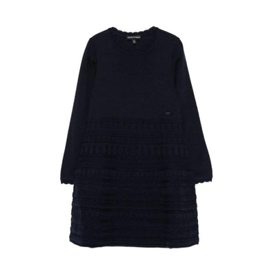 Navy long sleeve ruffle dress for girls by Armani Baby, featuring textured patterns and a round neckline.