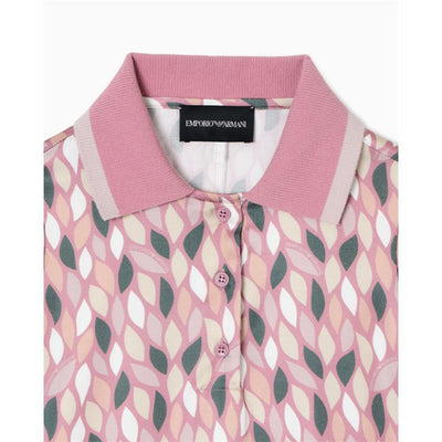 Collared short sleeve dress for girls in pink with a leaf pattern and Emporio Armani label visible at the neckline.