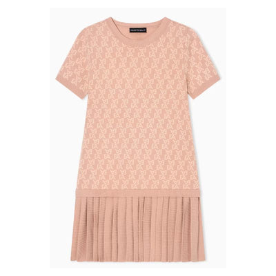 Pink short sleeve pleated dress for girls by Armani Baby, featuring a subtle EA logo print on the bodice.