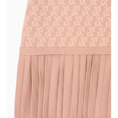 Pleated pink dress for girls featuring short sleeves and an all-over embroidered EA logo pattern.