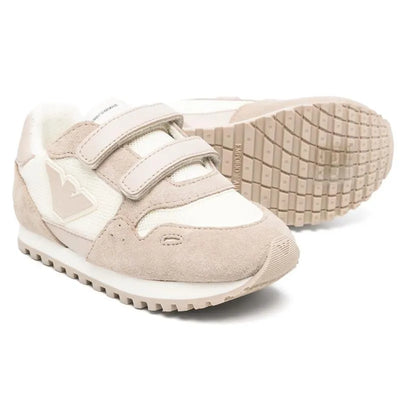 Armani Baby tan and vanilla logo patch sneakers with double Velcro straps and textured sole.