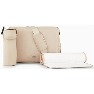Armani Baby beige mummy bag set, featuring a spacious bag, a bottle holder, and a changing mat.