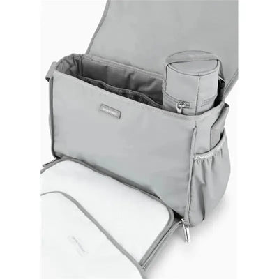 Grey mummy bag set by Armani Baby, featuring multiple compartments and a cylindrical bottle holder.