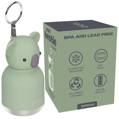 Asobu Bestie Bottle in a koala design, featuring a pastel green color, keychain, and a box with eco-friendly, insulated details.