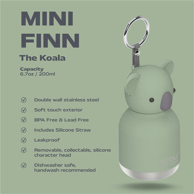 Asobu Bestie Bottle, Mini Finn the Koala, 200ml capacity; features a soft-touch exterior, removable silicone head, and includes a straw.