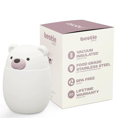 Insulated food jar in bear shape, made of stainless steel, beside packaging with product details listed.