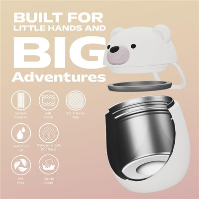 Insulated food jar designed for kids, featuring a bear lid, vacuum insulation, leak-proof design, and easy-to-clean materials.