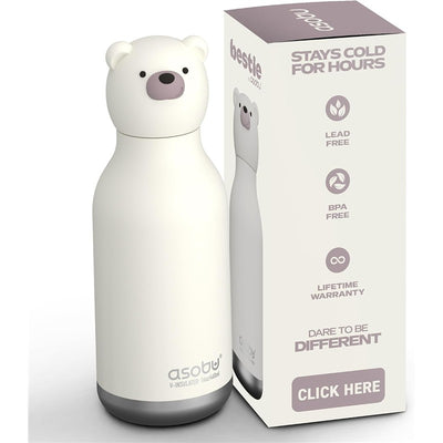 Stainless steel water bottle with a bear head design, includes packaging detailing features like BPA-free and lifetime warranty.