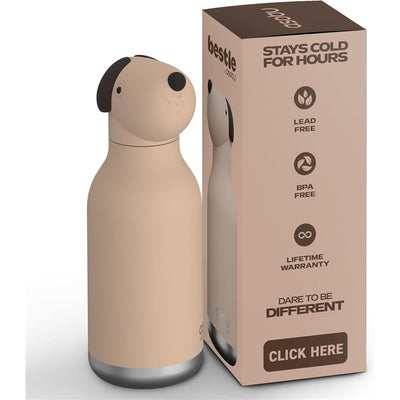 Beige stainless steel bottle with a dog-shaped silicone head, accompanied by a box highlighting features like BPA-free and lifetime warranty.