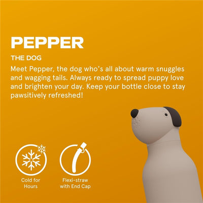 Stainless steel bottle with a beige silicone dog head, featuring text about Pepper the dog and product details.