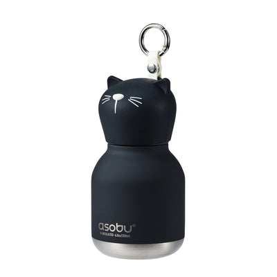 Black stainless steel water bottle featuring a cat-head silicone lid and a metal keychain attachment.