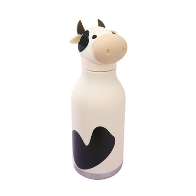 Stainless steel water bottle with a cow-shaped silicone head and a black heart design on the body.