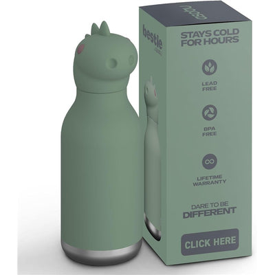 Stainless steel water bottle with a silicone dinosaur head, featuring a green finish and a box highlighting key benefits.