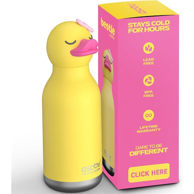 Asobu stainless steel water bottle with a silicone duck head, features a yellow body, with product box displaying key attributes.