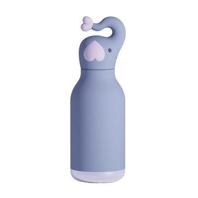 Stainless steel water bottle with a silicone elephant head lid, featuring a purple color and heart-shaped details.