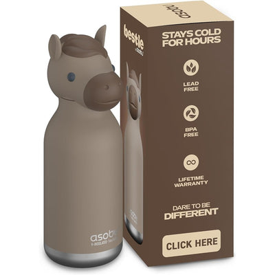 Stainless steel bottle with a silicone horse-head design, featuring a packaging box with product details and benefits.