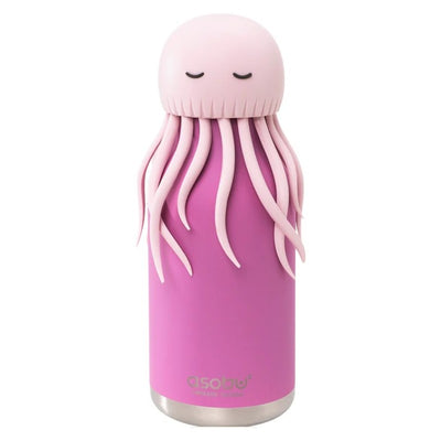 Stainless steel water bottle with a pink silicone jellyfish head and tentacles, featuring the brand name Asobu.